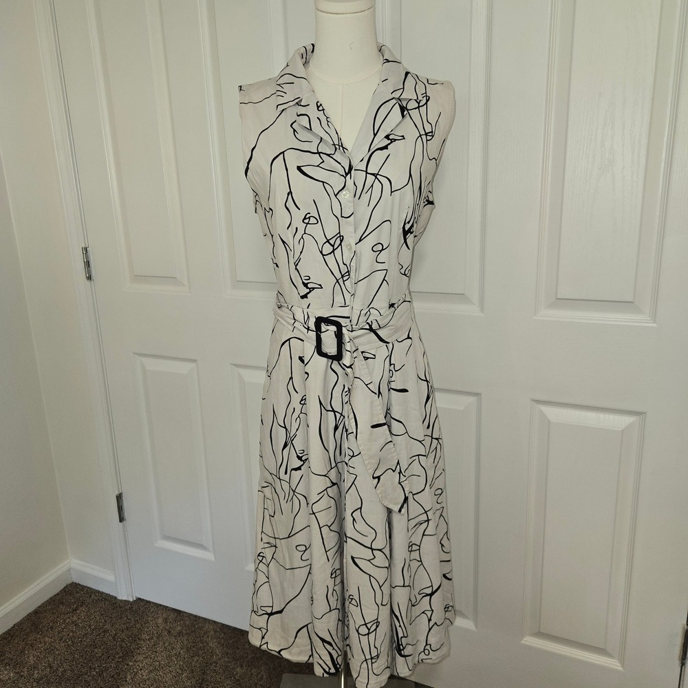 Tahari Shirt Dress Womens 8 White Black Abstract Line Art Belted Midi Sleeveless